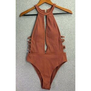 Women’s M Miss Lola Swimsuit One-Piece Rust Cutout Monokini High Neck Ribbed